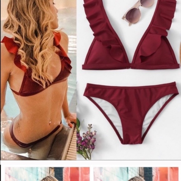 Red Deep-V Ruffled Triangle-Cup, Low Rise Bikinis - Picture 8 of 8